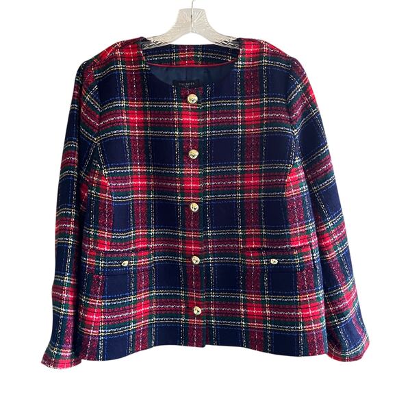 Talbots Plus Blazer 18W Plaid Gold Metal Buttons Collarless Preppy Red Navy - Picture 1 of 16